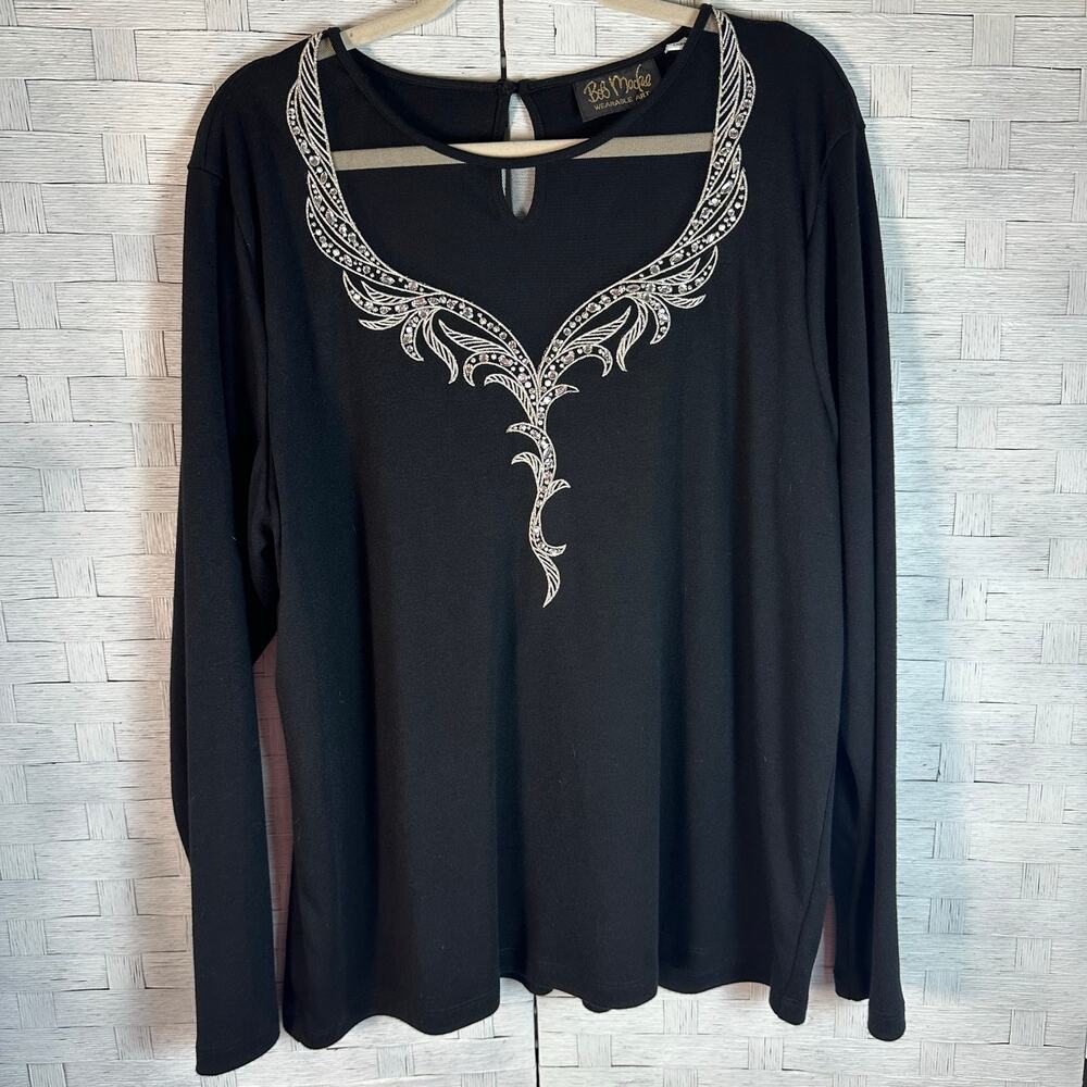 Bob Mackey black top white embroidered sheer plunging collar long sleeve